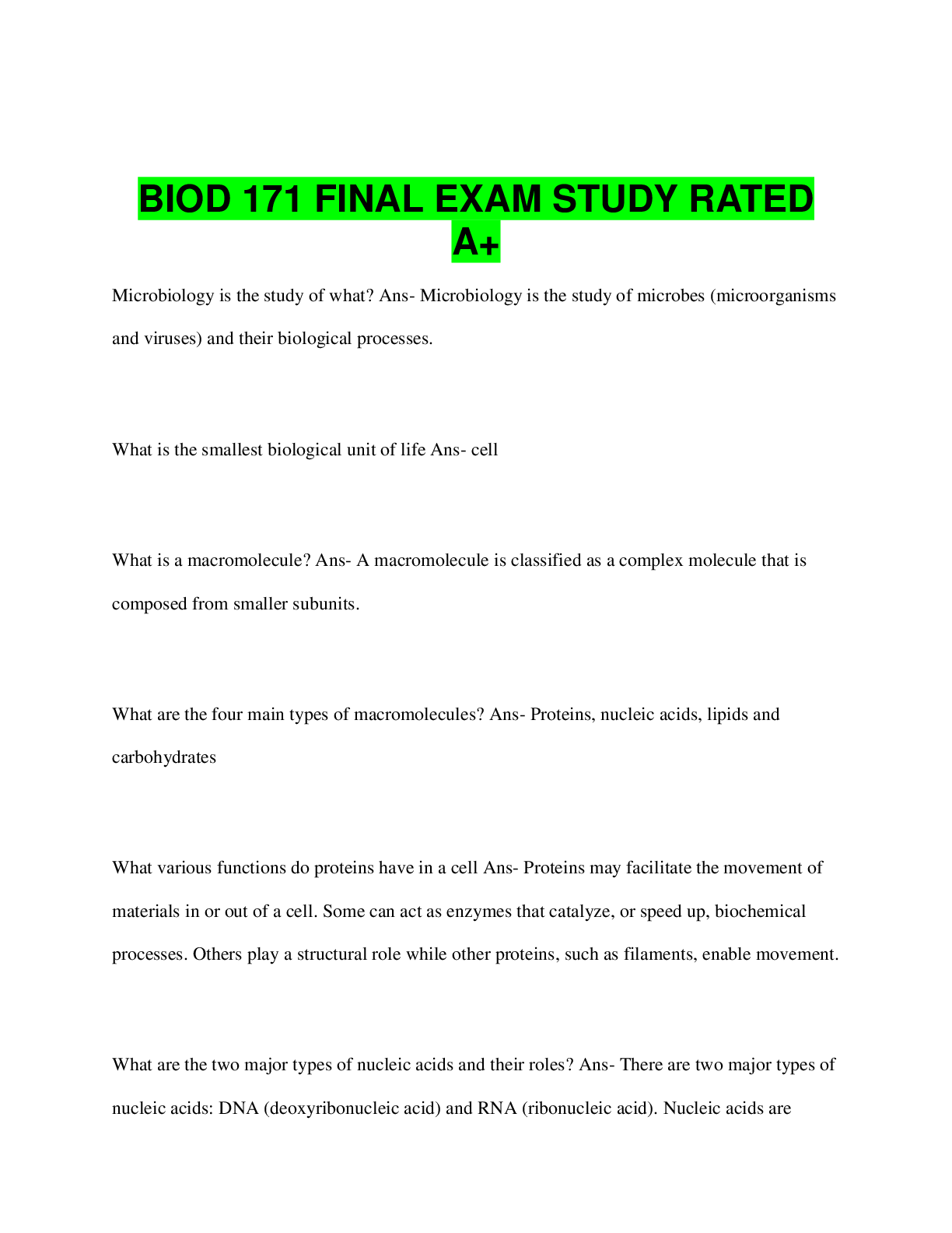 Preview image for BIOD 171 FINAL EXAM STUDY RATED  A+
